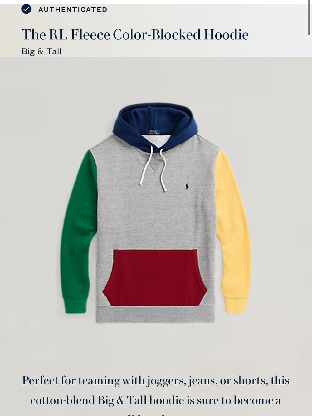 Ralph Lauren Colorblocked Fleece Hoodie - Gray, Navy, Green, Yellow,  4XLT
